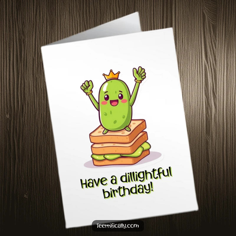 Funny Free Printable Pickle Birthday Card: A pickle hero striking a pose atop a stack of toast, celebrating.
