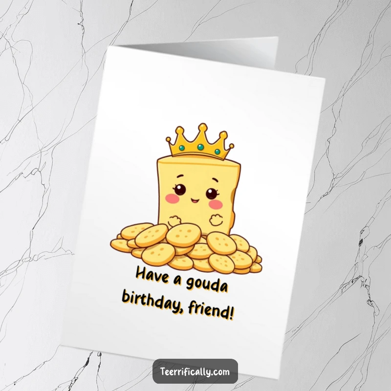 Funny Free Printable Birthday Card: A proud slice of cheese in a tiny crown surveys a kingdom of crackers, wishing happy birthday.