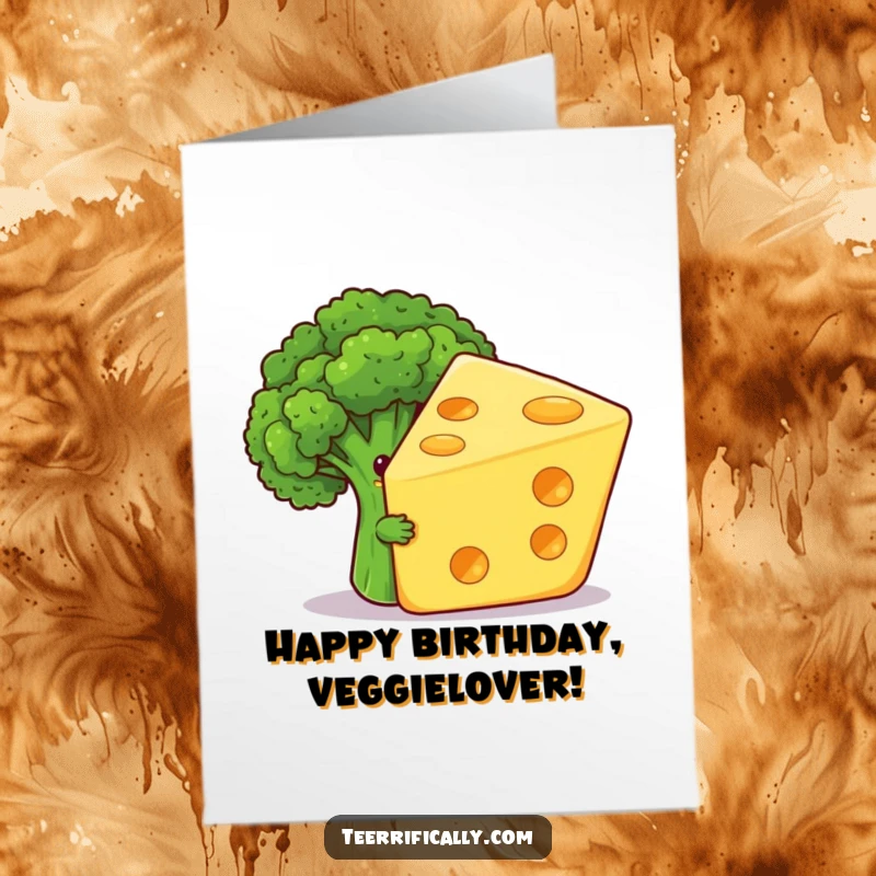 Funny Free Printable Birthday Card: A shy broccoli floret peeks from behind a massive, grinning cheese slice.