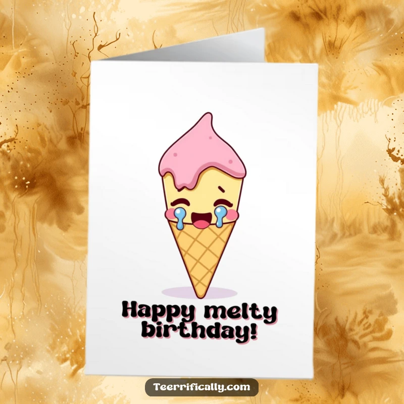 Funny Free Printable Birthday Card: Melting ice cream cone shedding a single, oversized tear of pure joy and celebration.