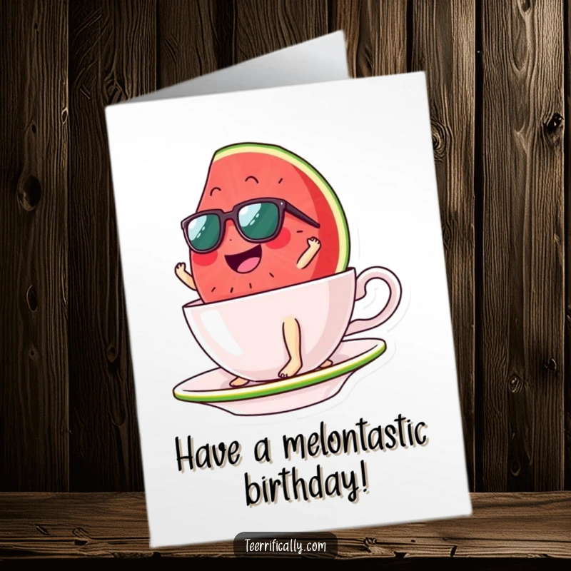 Funny Free Printable Watermelon Birthday Card: Giggling watermelon slice in sunglasses surfs a giant teacup, celebrating a birthday with epic style.