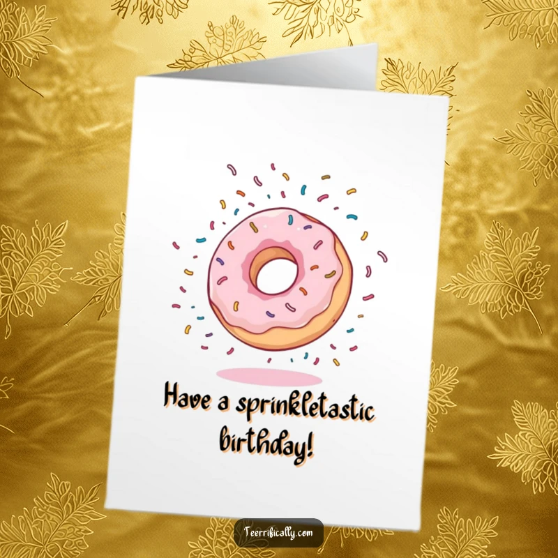 Funny free printable birthday card of a bouncy donut doing a somersault with colorful sprinkles flying everywhere, bringing pure sugary joy.