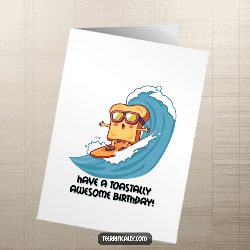 Funny Free Printable Birthday Card: Surprised toast wearing goggles surfing a giant marmalade wave