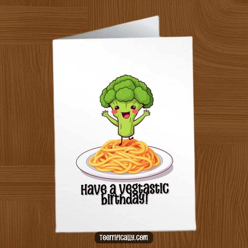 Funny Free Printable Birthday Card: A happy broccoli floret joyfully dances on a plate of spaghetti, wishing a fun birthday.