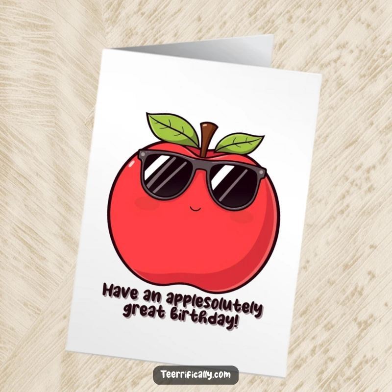 Funny Free Printable Birthday Card featuring a plump red apple wearing sunglasses and winking slyly, exuding cool confidence.
