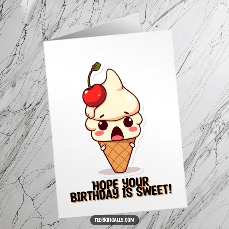 Funny Free Printable Birthday Card: Surprised ice cream cone with a cherry melting off its head.