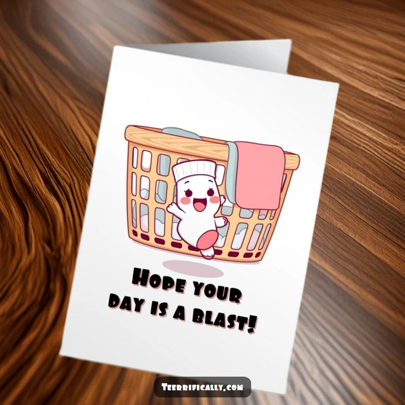 Funny Free Printable Birthday Card: A delighted sock joyfully chasing its mate around a overflowing laundry basket.