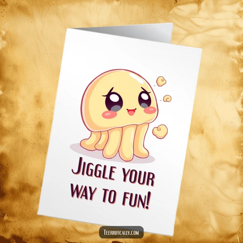 Funny Free Printable Birthday Card: A wobbly jelly with wide eyes chasing a popcorn kernel, perfect for a fun birthday celebration.