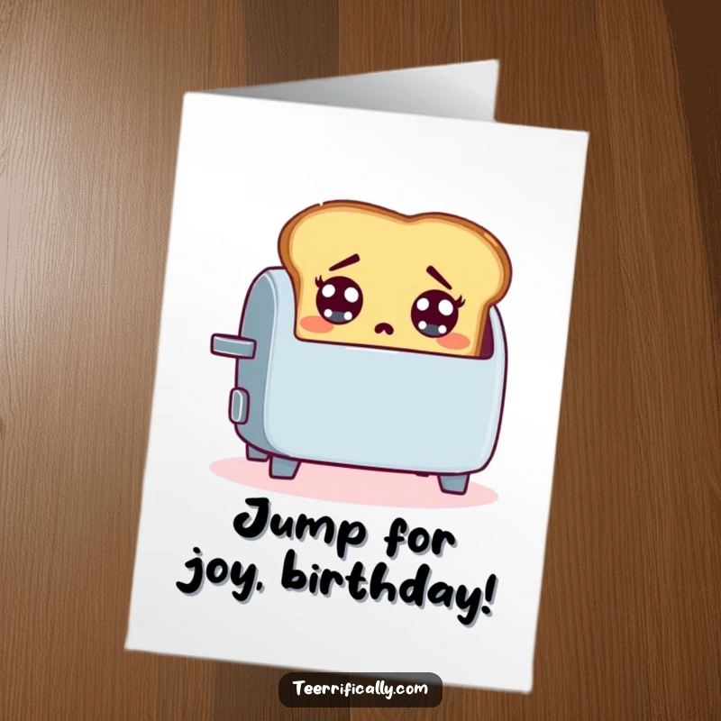 Funny Free Printable Birthday Card: Startled slice of toast with wide eyes, jumping out of a toaster, a shocking surprise, a downloadable hello.