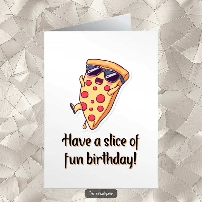 Funny Free Printable Birthday Card: A cool slice of pizza wearing sunglasses performs a somersault, bringing fun to a birthday greeting.