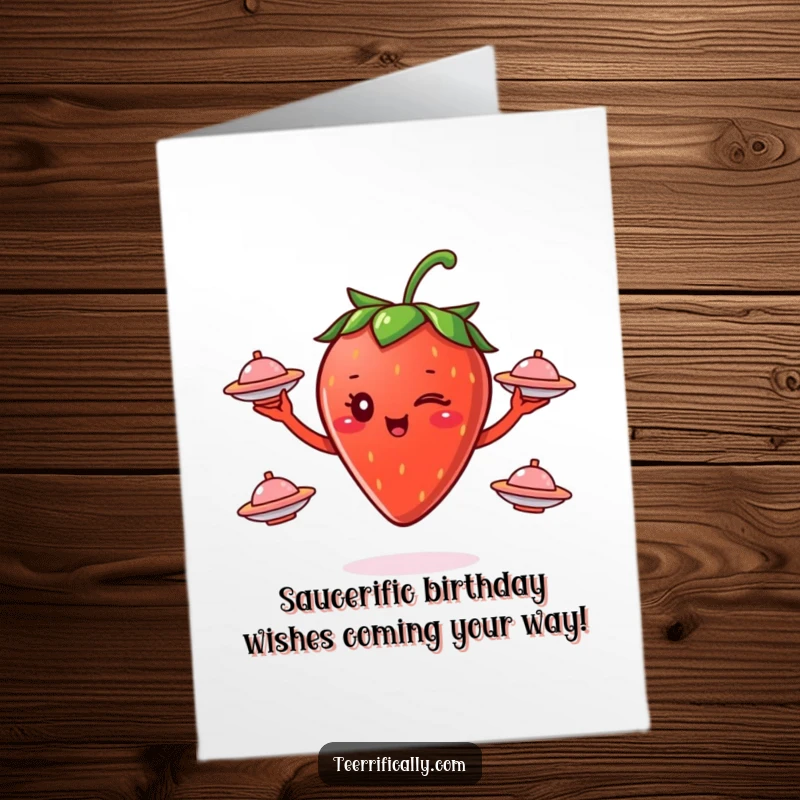 Funny Free Printable Birthday Card featuring a winking strawberry expertly juggling three small flying saucers with a mischievous grin.
