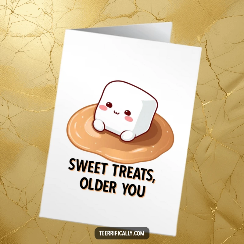 Funny Free Printable Birthday Card featuring a happy marshmallow floating in hot cocoa, ready for a birthday celebration.