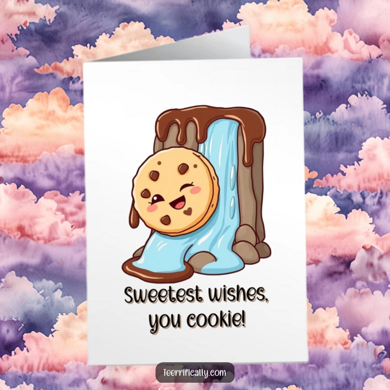 Funny free printable birthday card featuring a mischievous cookie winking while sliding down a chocolate sauce waterfall, bringing sweet delight.