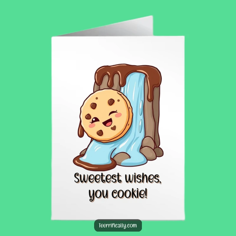 Funny Free Printable Birthday Card: Winking Cookie Sliding Down Chocolate Sauce Waterfall