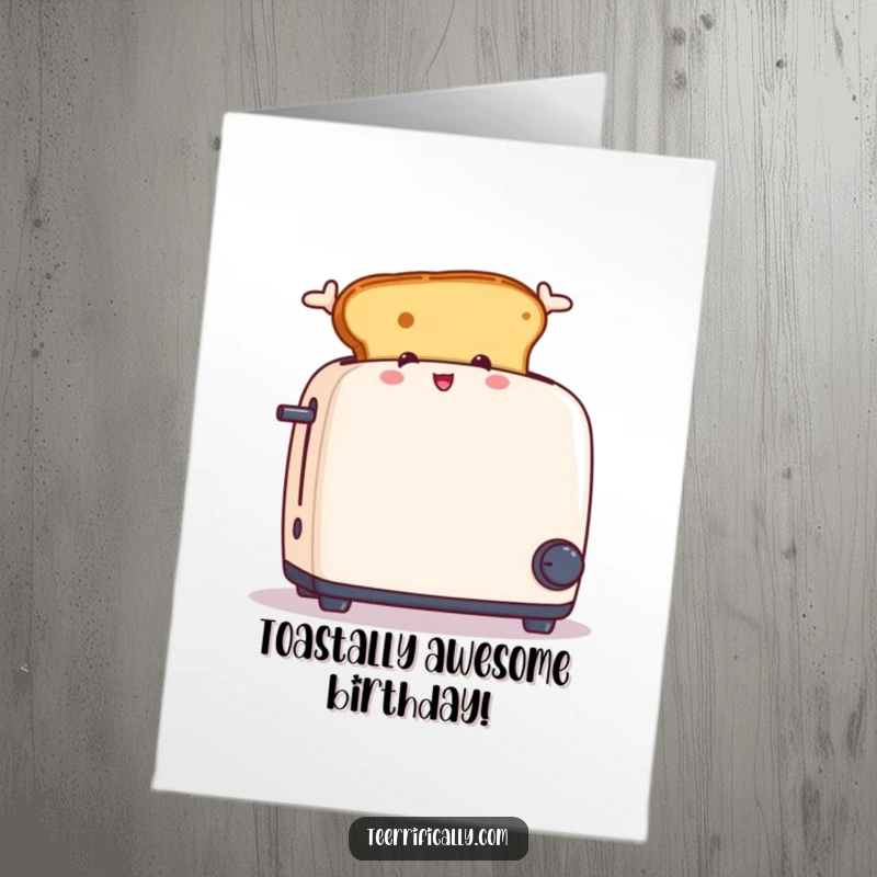 Funny free printable birthday card of a piece of toast with bunny ears leaping energetically from a toaster.