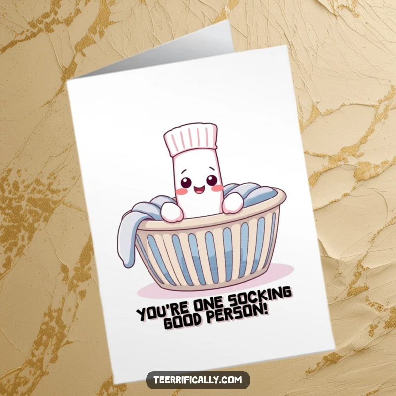 Funny free printable birthday card showing a very pleased sock discovering its long-lost mate nestled in a laundry basket, a happy ending.