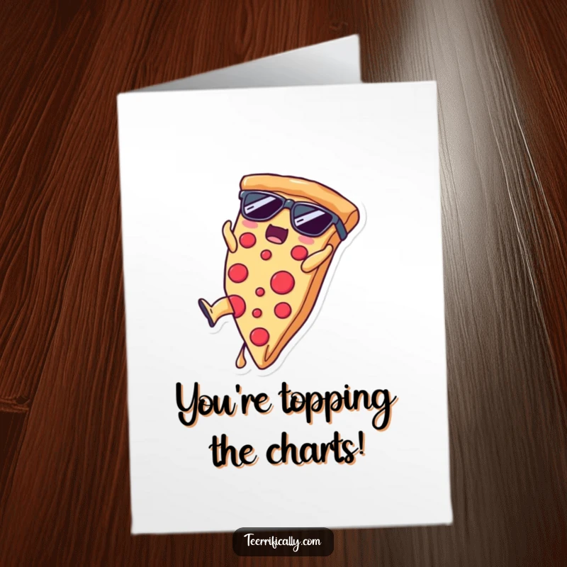 Funny Free Printable Congratulations Card: A pizza slice wearing sunglasses executes a perfect somersault, celebrating an achievement with cool flair.