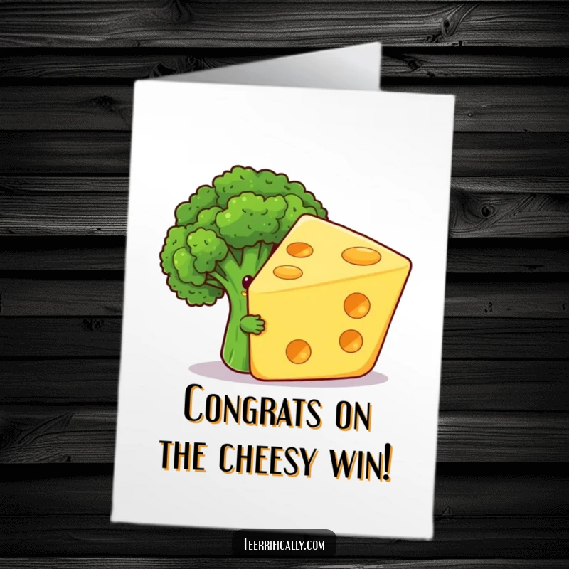 Funny Free Printable Congratulations Card: A shy broccoli is amused by a giant, grinning cheese slice celebrating.