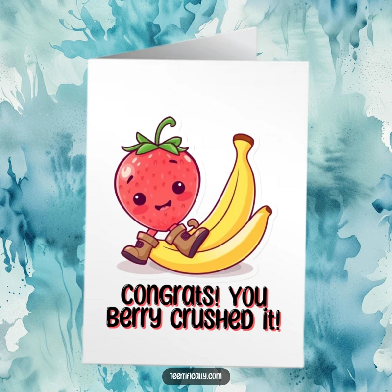 Funny Free Printable Congratulations card with a mischievous strawberry in tiny boots slipping comically on a banana peel, celebrating achievement.