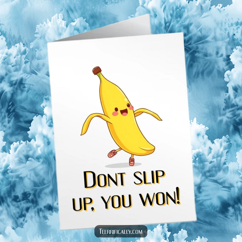 Funny Free Printable Congratulations Card: Cheerful banana peel in tiny shoes executes a clumsy pirouette to celebrate your success.