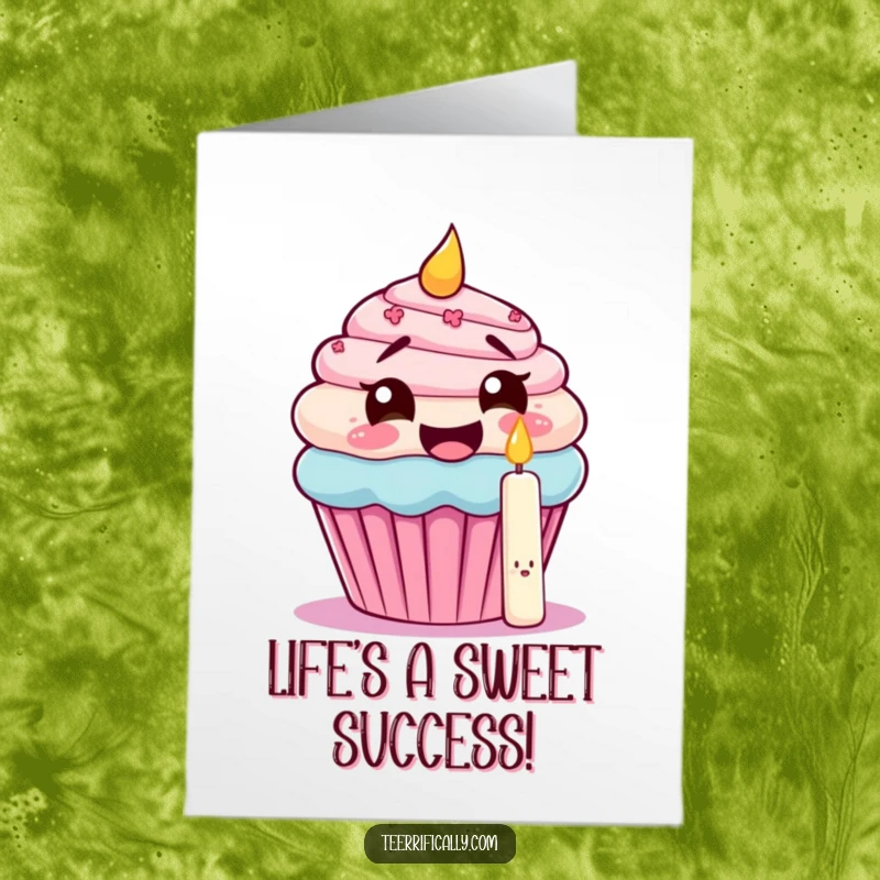 Funny Free Printable Congrats Card: A giggling cupcake with wide eyes tries to eat its own candle, symbolizing a sweet accomplishment.