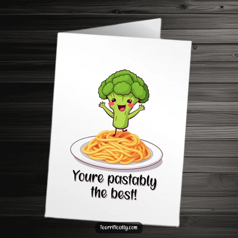 Funny Free Printable Congratulation Card: A bouncing broccoli floret enthusiastically dances on spaghetti, celebrating your fantastic win.