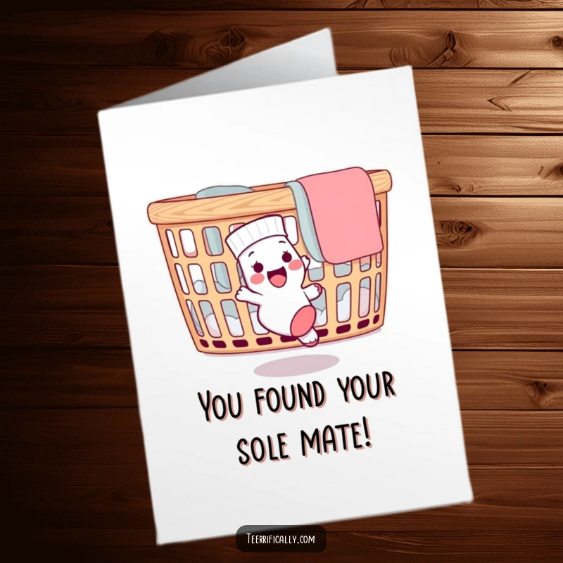 Funny Free Printable Congratulations Card: Two socks, happily reunited, hugging next to a laundry basket, with confetti.