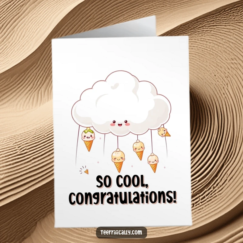 Funny free printable congratulations card with a cheerful cloud raining tiny, smiling ice creams for a sweet success.