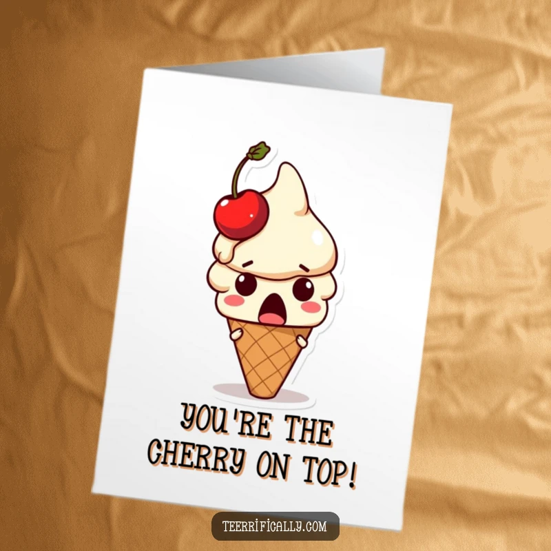 Funny Free Printable Congrats Card: Surprised ice cream cone with a cherry melting off its head, celebrating success.