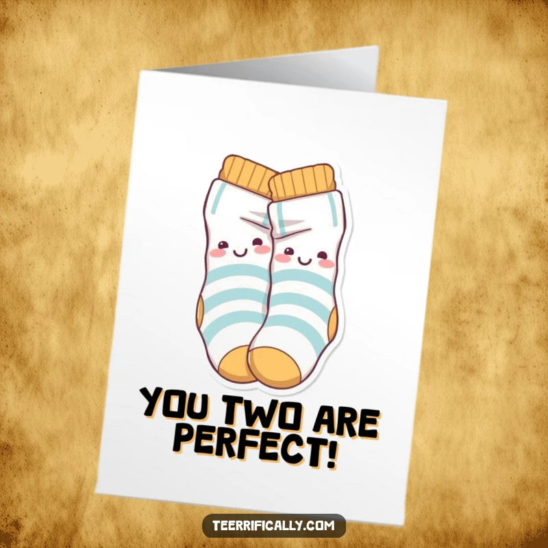 Funny Free Printable Congratulations Card: two cheerful socks in a tight, playful knot, symbolizing a successful entanglement.