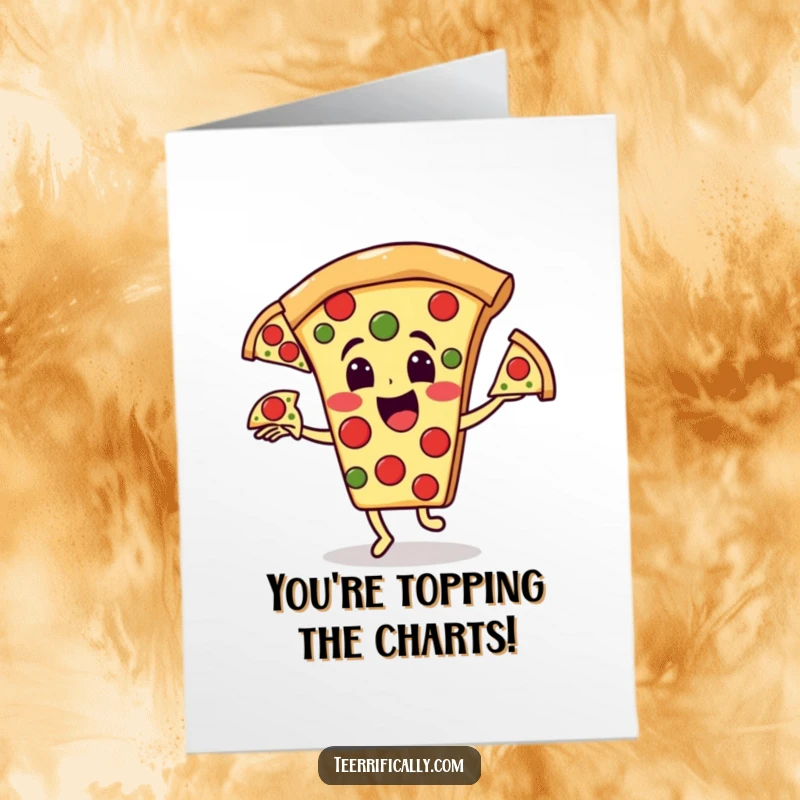 Funny Free Printable Congrats Card: Happy pizza slice character juggling three runaway pepperoni slices, celebrating success.