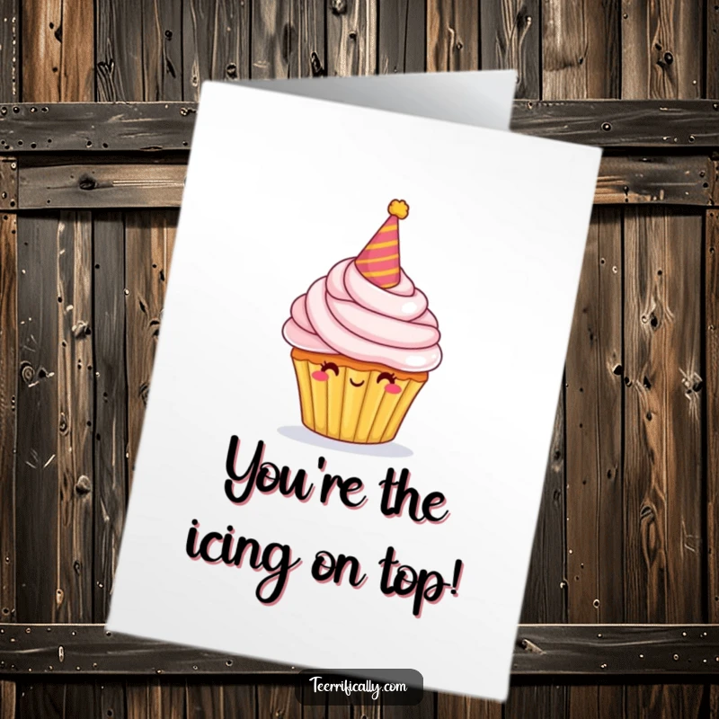 Funny Free Printable Congratulations Card: a proud cupcake in a party hat, overflowing with frosting to celebrate success.