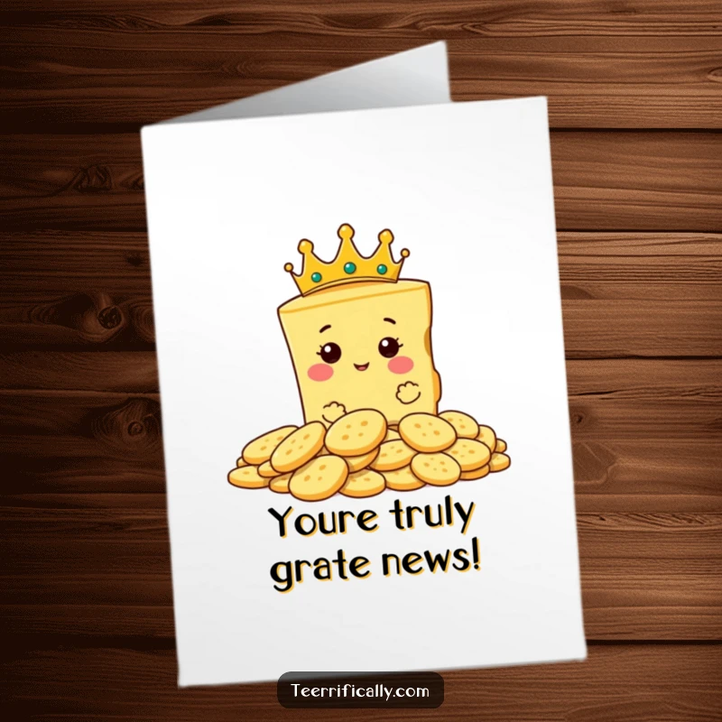 Funny Free Printable Congratulation Card: A proud cheese slice wearing a crown looks over a pile of crackers, celebrating your awesome win.
