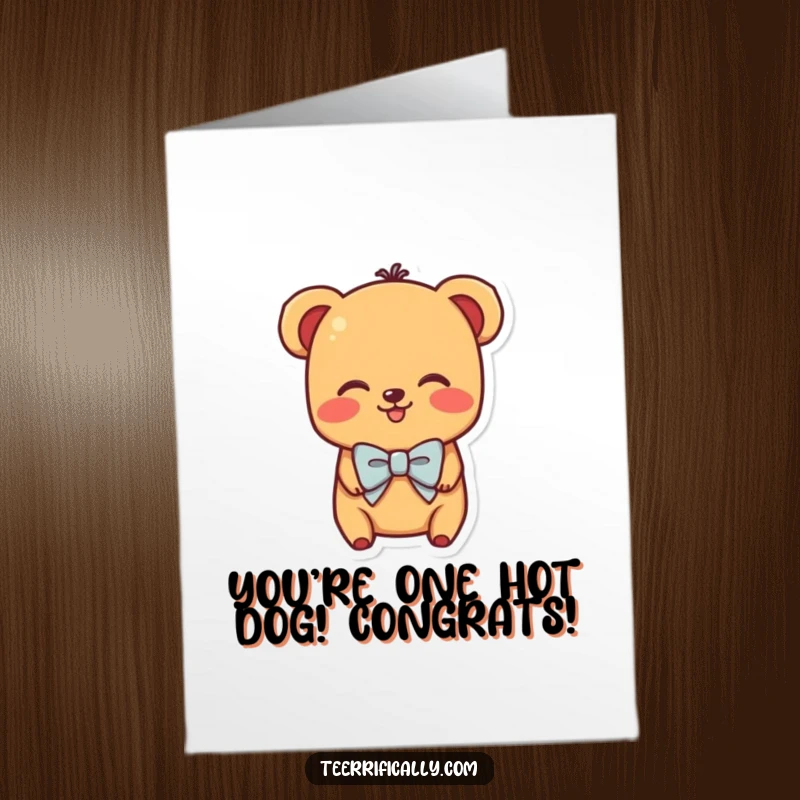 Free Printable Congratulations Card: A shy hot dog wearing a bowtie blushes happily, congratulating success with charm.