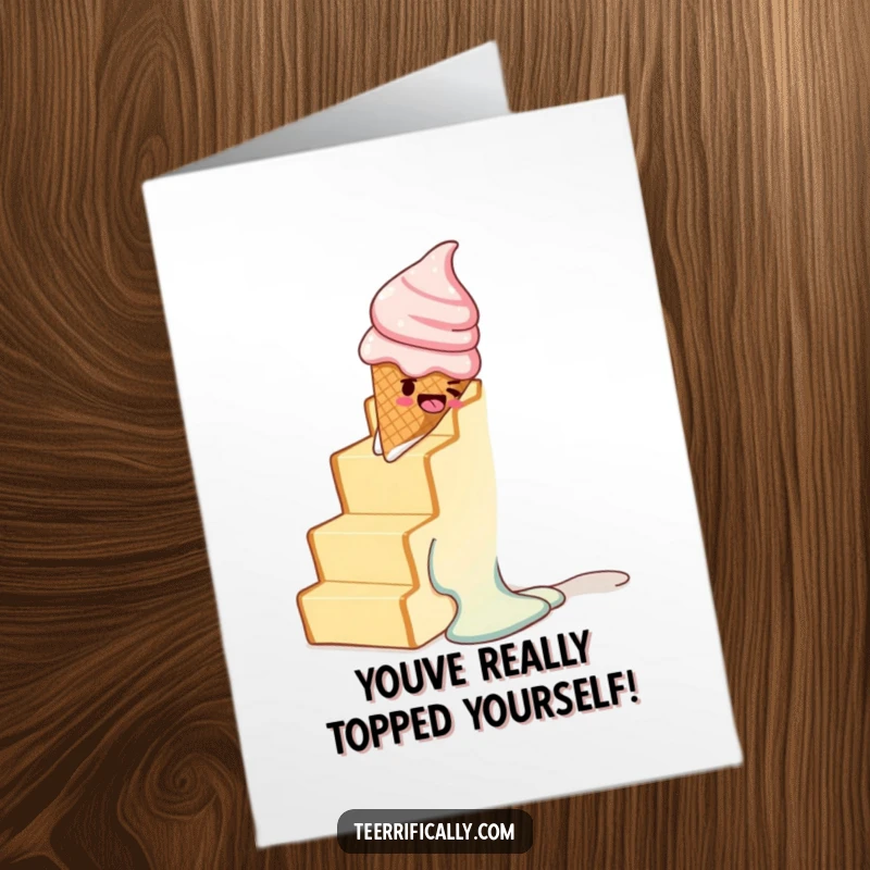 Funny Free Printable Congratulation Card: A melting ice cream cone takes a comically epic slide down a toast staircase, celebrating your win.