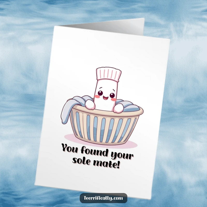 Free printable congratulations card featuring a very pleased sock finding its mate in a laundry basket, a symbol of perfect connection.