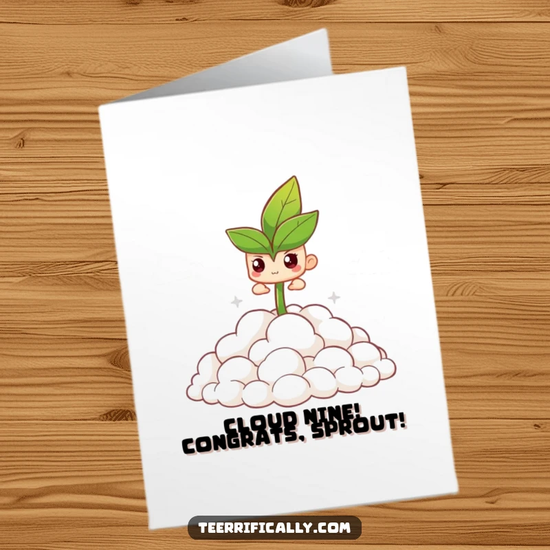 Funny Free Printable Congrats Card: Little sprout determinedly pushing through a cloud layer, signifying triumph and new beginnings.