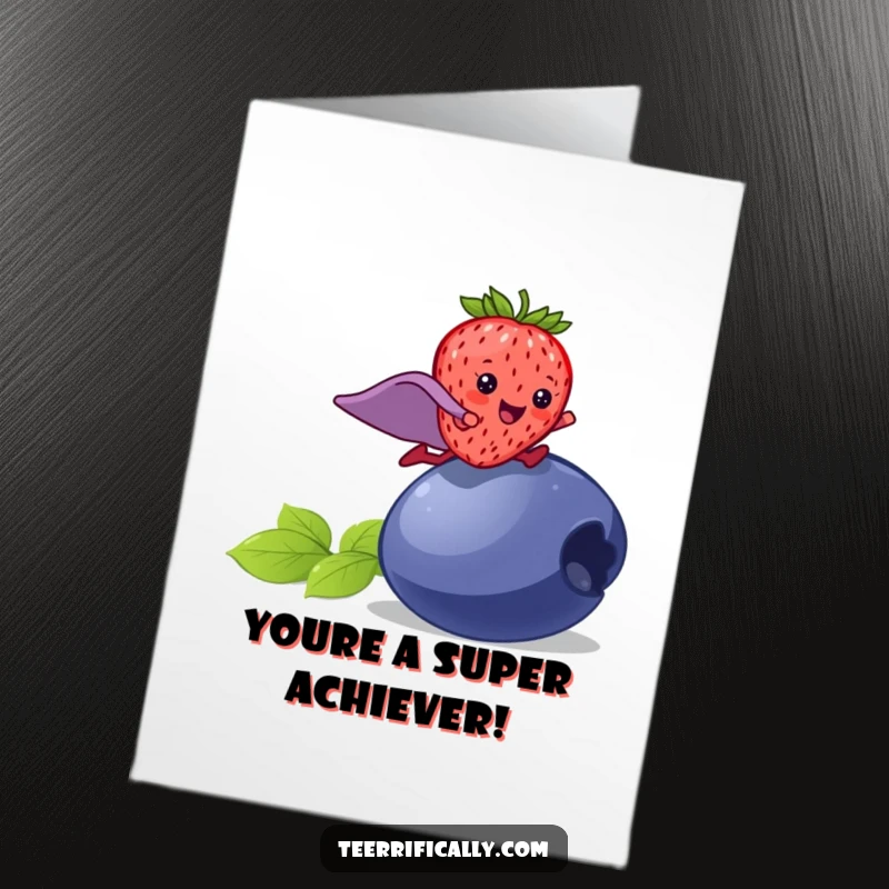 Funny Free Printable Congratulations Card: A happy strawberry wearing a superhero cape leaps over a large blueberry in celebration.