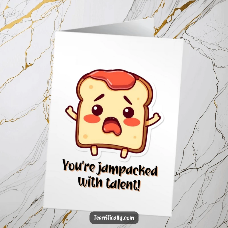 Funny Free Printable Congratulations Card: a piece of toast wide-eyed with surprise as jam is spread precariously on its edges.