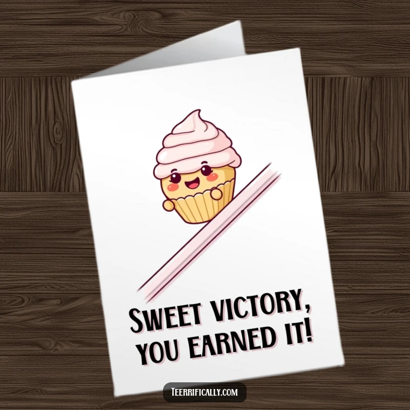 Funny Free Printable Congratulations Card: Cupcake with frosting eyebrows slides happily to celebrate your fantastic achievement.