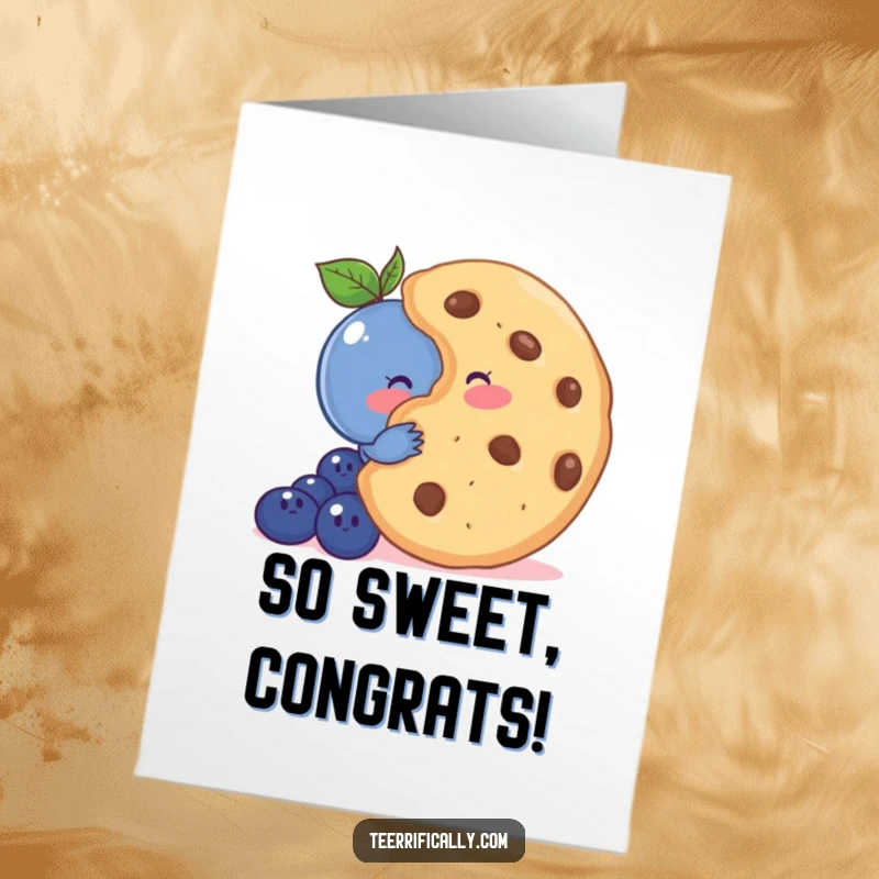 Funny Free Printable Blueberry Congratulations Card: A shy blueberry blushes behind a giant cookie, congratulating achievements.