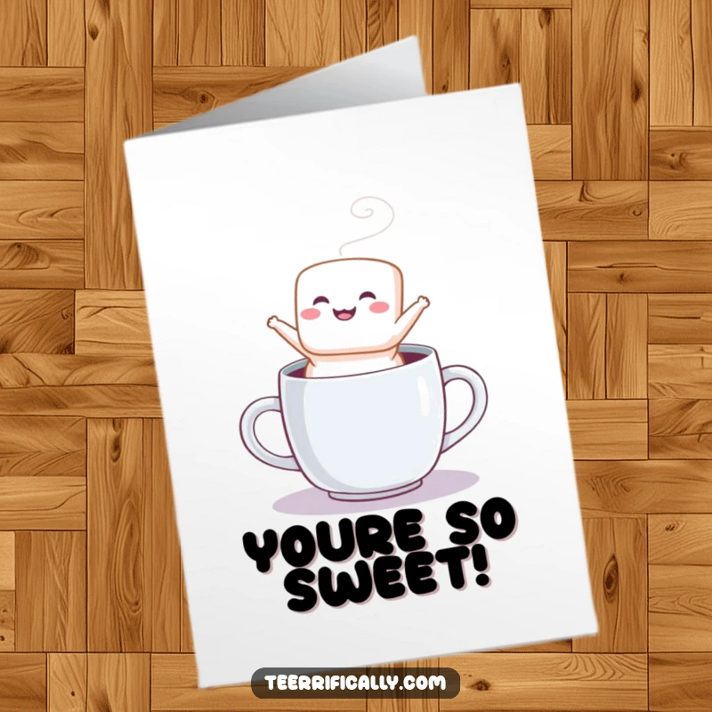 Funny Free Printable Marshmallow Congratulations Card: A fluffy marshmallow jumps joyfully from a mug, celebrating your achievements.