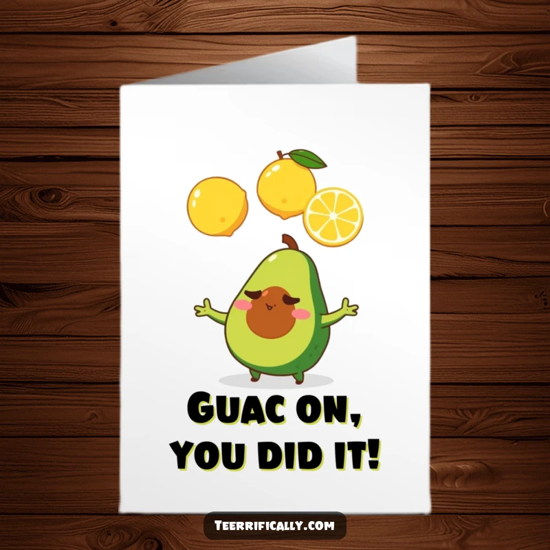 Free printable congratulations card: A focused tiny avocado juggling three lemons with impressive skill.