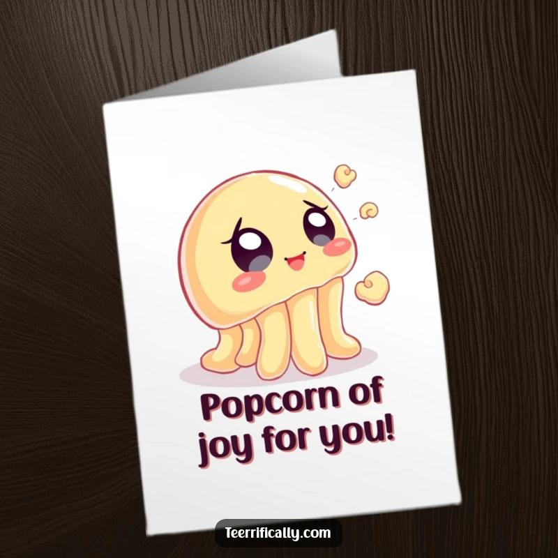 Funny Free Printable Congrats Card: A jelly eagerly trying to catch a popcorn kernel, symbolizing a successful catch and sweet victory.