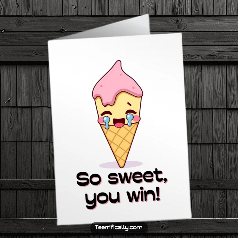 Funny Free Printable Congratulations Card: Melting ice cream cone shedding a single, large tear, overwhelmed with joyful congratulations.