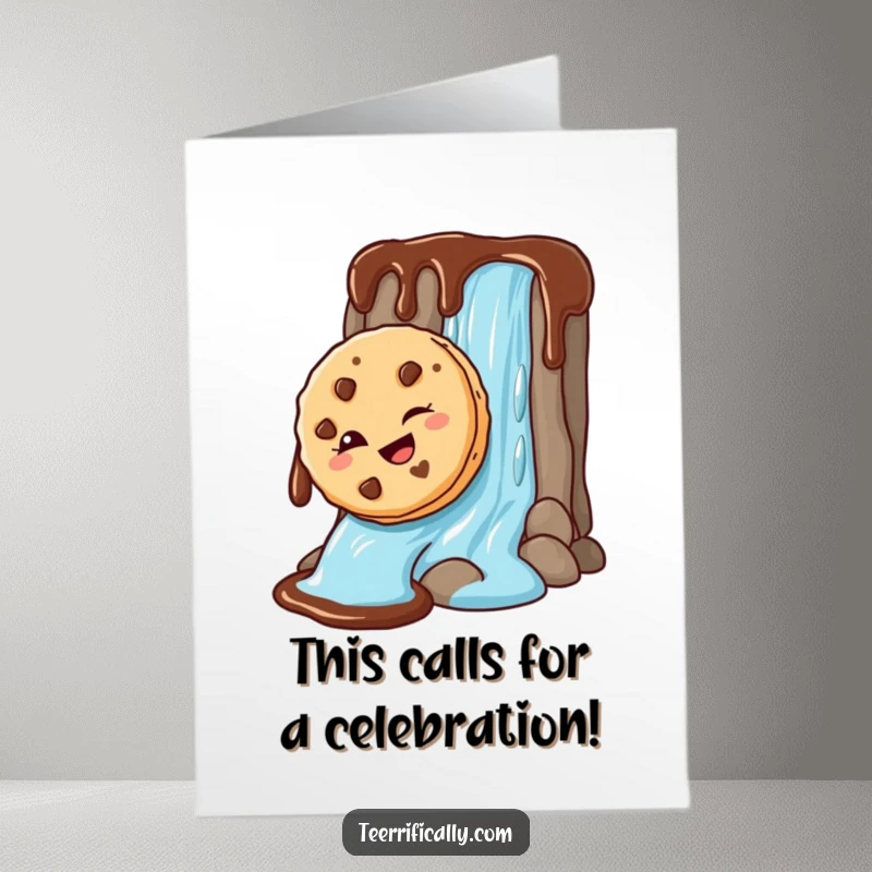 Free printable congratulations card where a winking cookie slides down a chocolate waterfall, celebrating a sweet victory with pure joy.