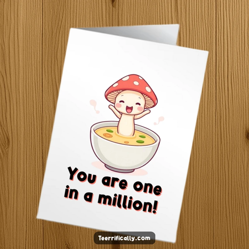 Funny Free Printable Mushroom Congratulations Card: A mushroom in a hat joyfully leaps into soup, celebrating success humorously.