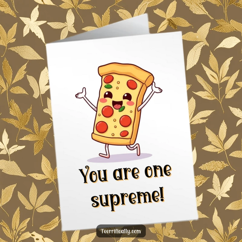 Funny Free Printable Congratulations Card: Happy slice of pizza doing a cheerful dance, celebrating success with pepperoni feet.