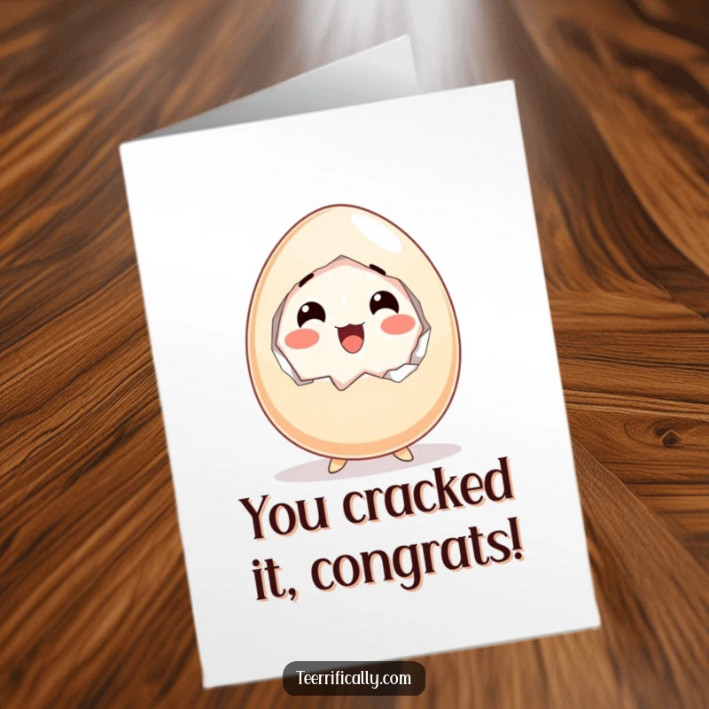 Funny Free Printable Congratulations Card: A startled egg cracks open with a look of pure, happy surprise, celebrating success humorously.