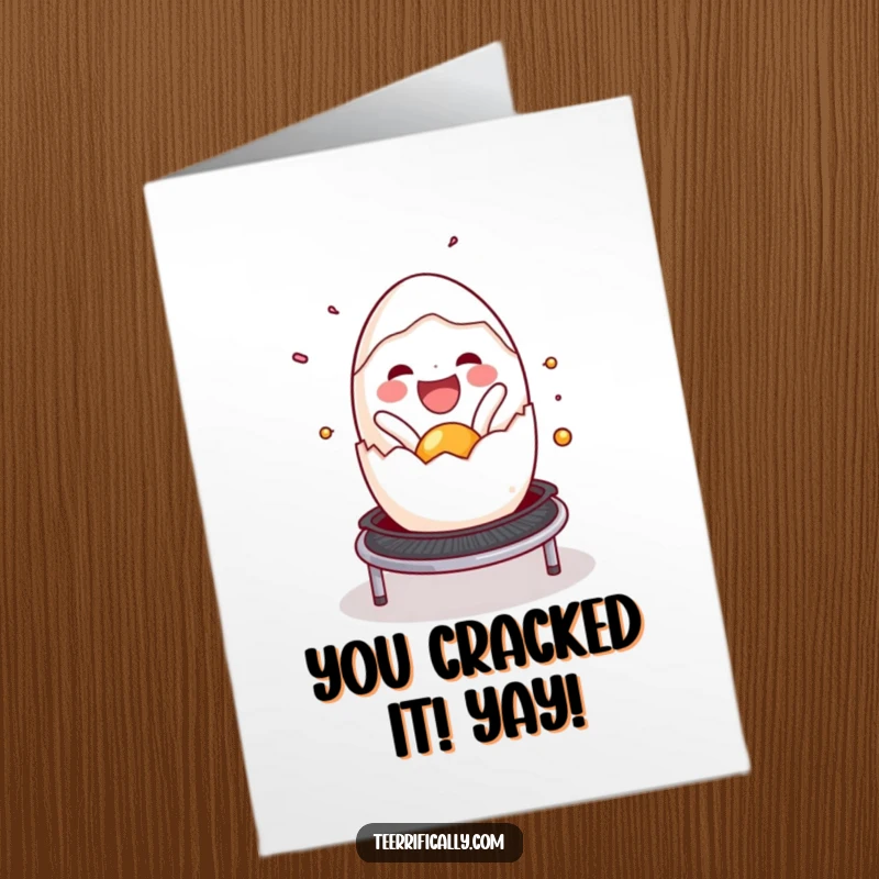 Funny Free Printable Egg Congratulations Card: Cracked egg overflowing with joy onto a trampoline, celebrating success with an energetic bounce.